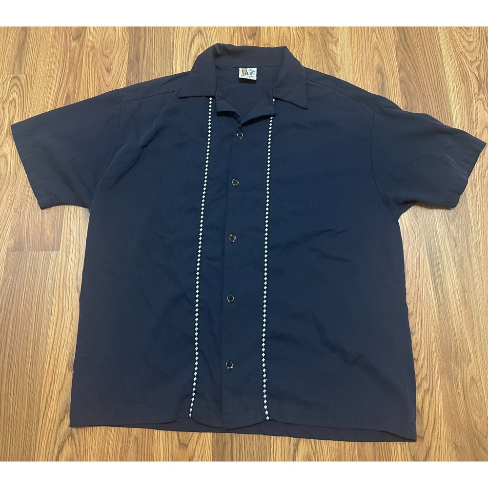 FLIP Bowling Shirt Mens Large Made USA Camp Collar Embroidered Navy